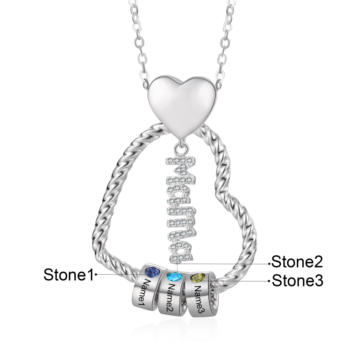 Personalisierte 3 Namen Herz Halskette mit 3 Geburtssteinen & Weihnachts-Geschenkkarte & GeschenkBox für Mama Mutter Geschenkkarte Set