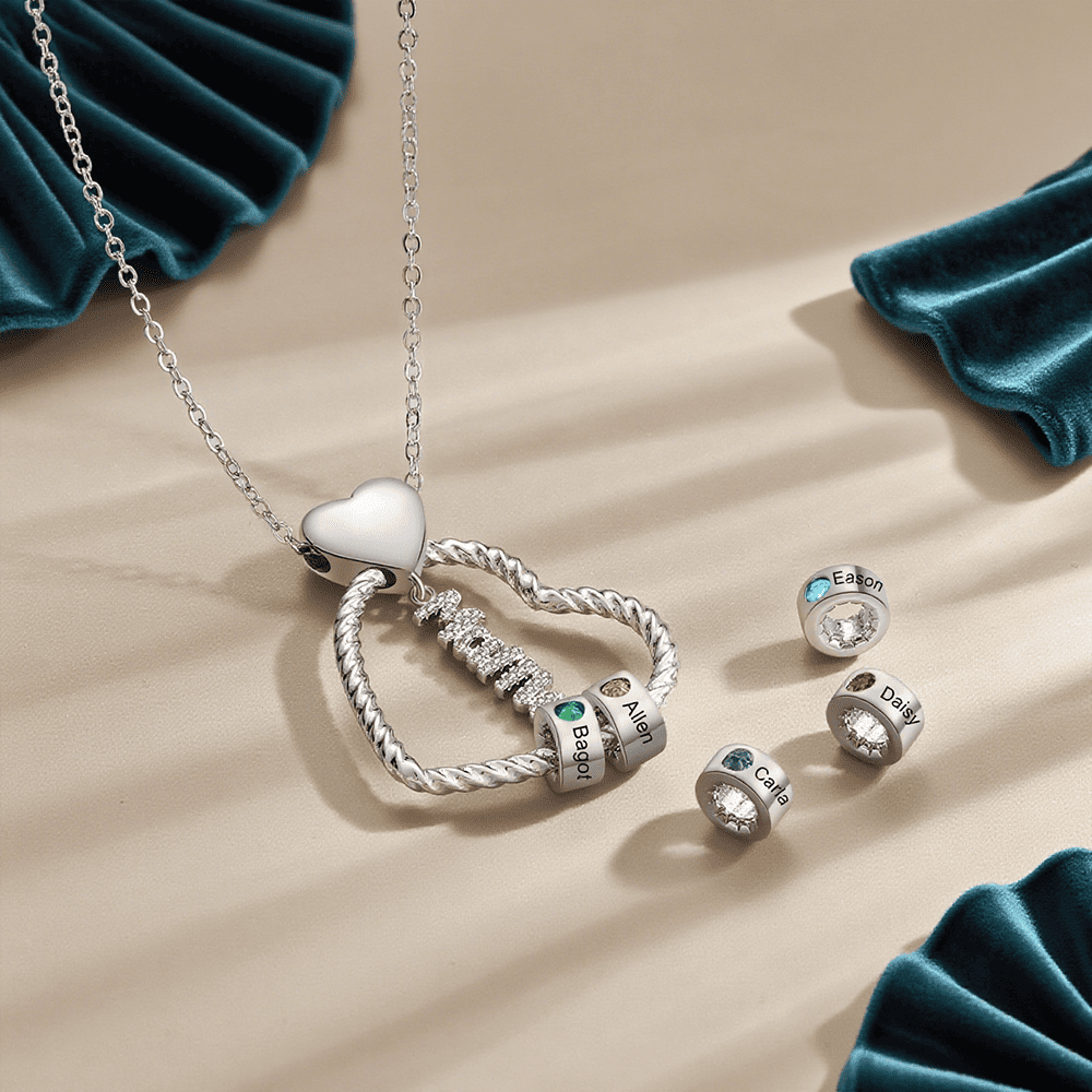 Personalisierte 1-5 Namen Herz Halskette mit 1-5 Geburtssteinen & Weihnachts-Geschenkkarte & GeschenkBox für Mama Mutter Geschenkkarte Set