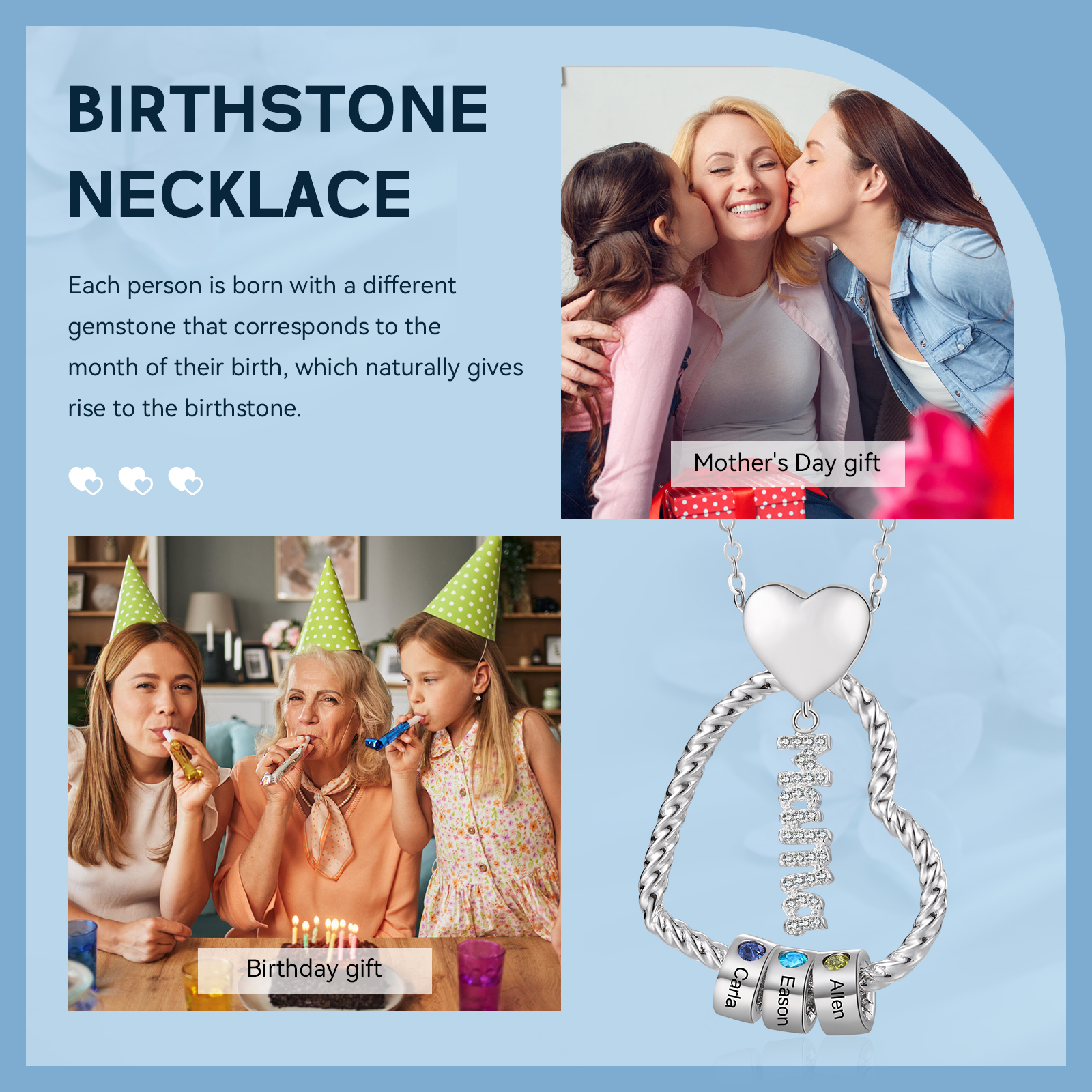 Personalisierte 3 Namen Herz Halskette mit 3 Geburtssteinen & Weihnachts-Geschenkkarte & GeschenkBox für Mama Mutter Geschenkkarte Set