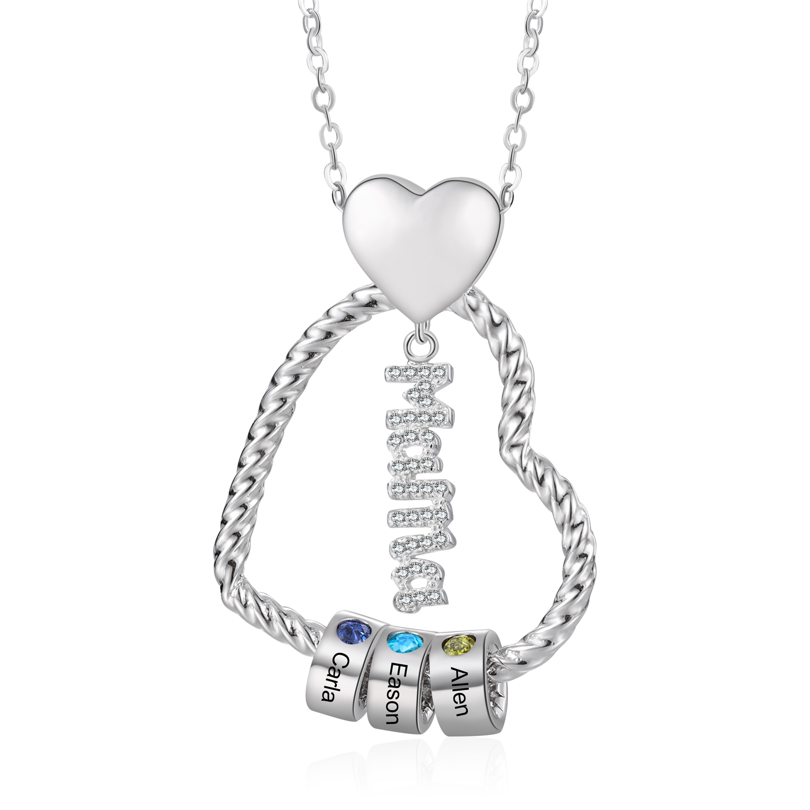 Personalisierte 3 Namen Herz Halskette mit 3 Geburtssteinen & Weihnachts-Geschenkkarte & GeschenkBox für Mama Mutter Geschenkkarte Set