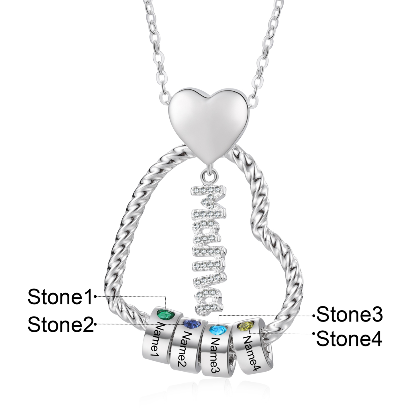 Personalisierte 4 Namen Herz Halskette mit 4 Geburtssteinen & Weihnachts-Geschenkkarte & GeschenkBox für Mama Mutter Geschenkkarte Set
