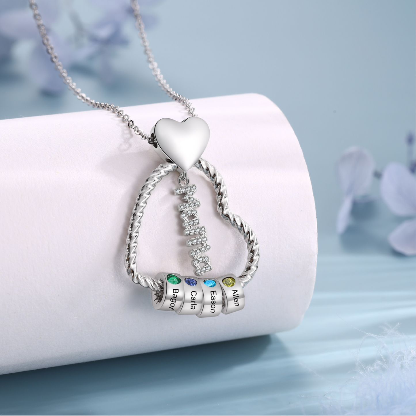Personalisierte 4 Namen Herz Halskette mit 4 Geburtssteinen & Weihnachts-Geschenkkarte & GeschenkBox für Mama Mutter Geschenkkarte Set