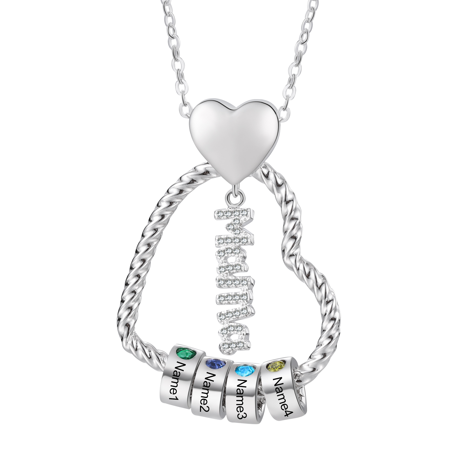 Personalisierte 4 Namen Herz Halskette mit 4 Geburtssteinen & Weihnachts-Geschenkkarte & GeschenkBox für Mama Mutter Geschenkkarte Set