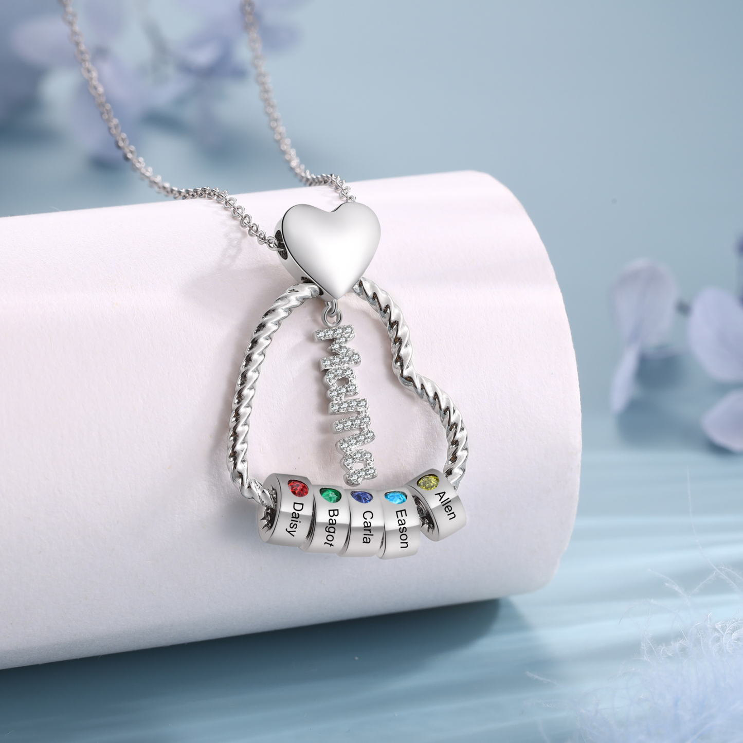 Personalisierte 5 Namen Herz Halskette mit 5 Geburtssteinen & Weihnachts-Geschenkkarte & GeschenkBox für Mama Mutter Geschenkkarte Set