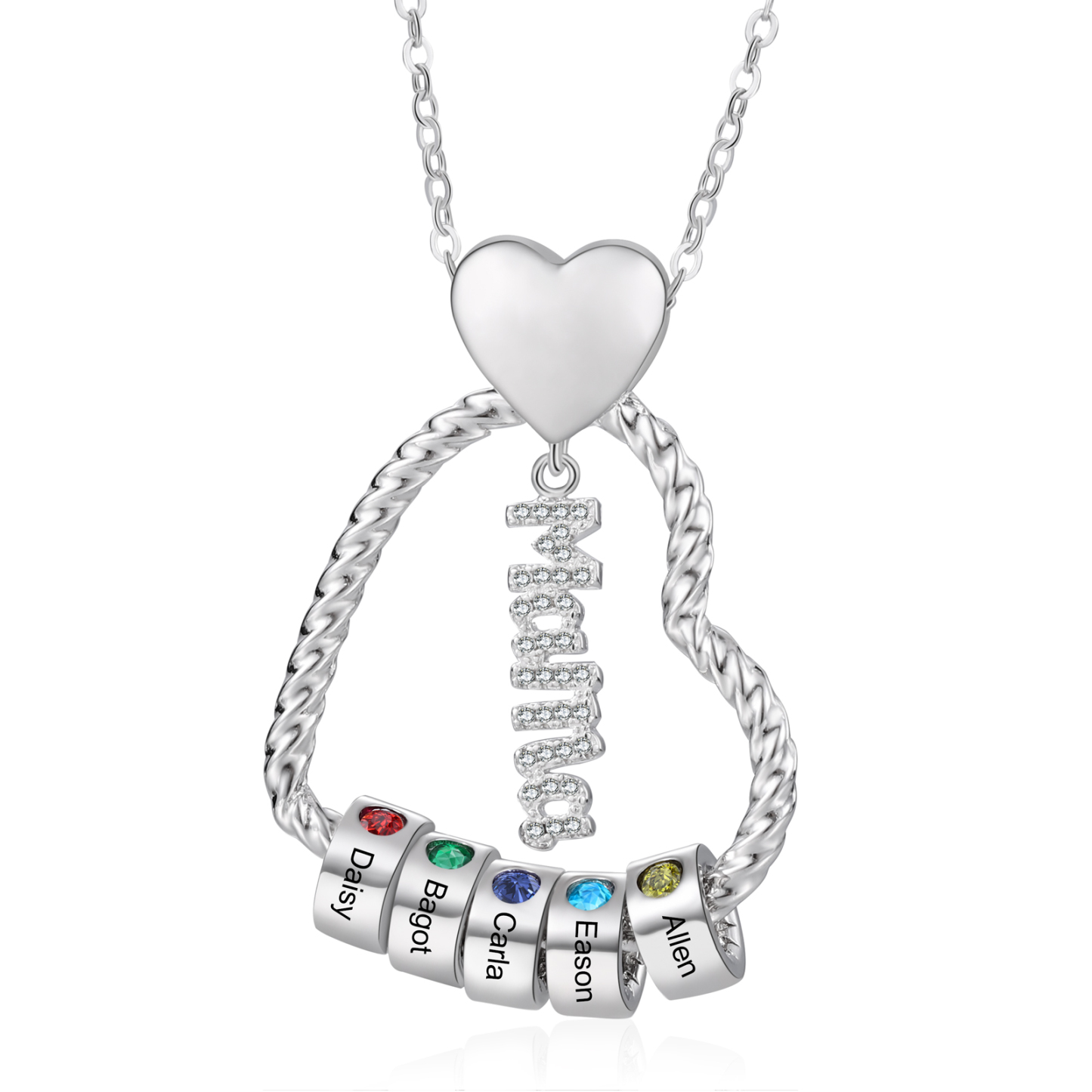 Personalisierte 5 Namen Herz Halskette mit 5 Geburtssteinen & Weihnachts-Geschenkkarte & GeschenkBox für Mama Mutter Geschenkkarte Set