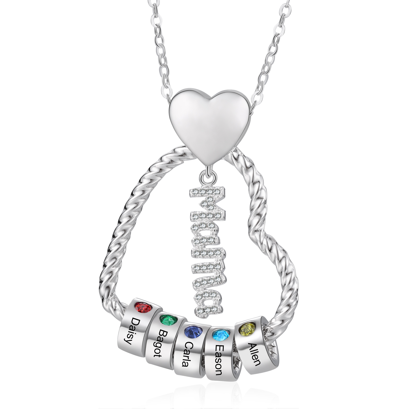 Personalisierte 5 Namen Herz Halskette mit 5 Geburtssteinen & Weihnachts-Geschenkkarte & GeschenkBox für Mama Mutter Geschenkkarte Set