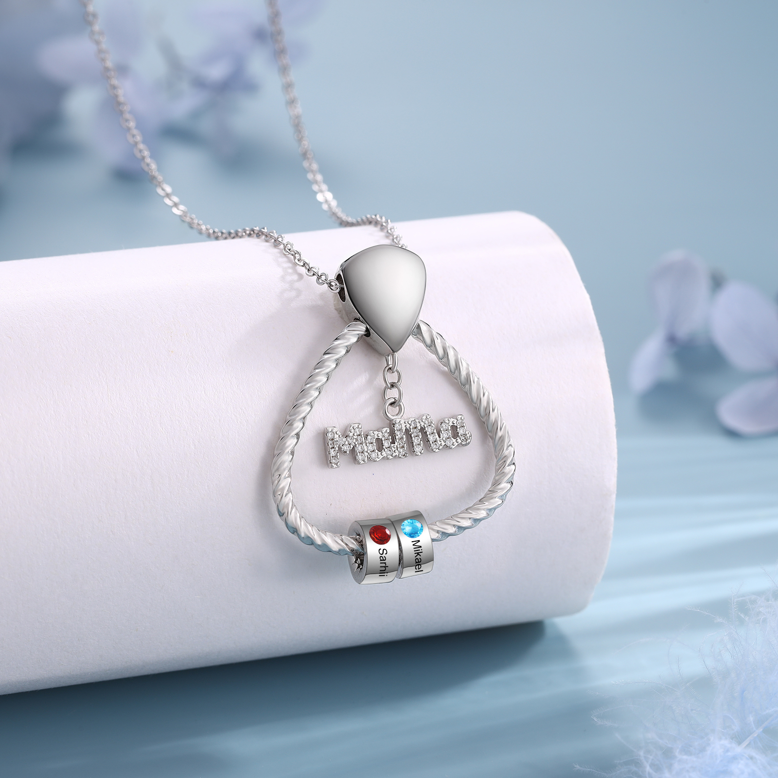 Personalisierte 2 Namen & 2 Geburtssteinen Halskette & Weihnachts-Geschenkkarte & Geschenkbox Geschenkkarte Set für Mama Mutter