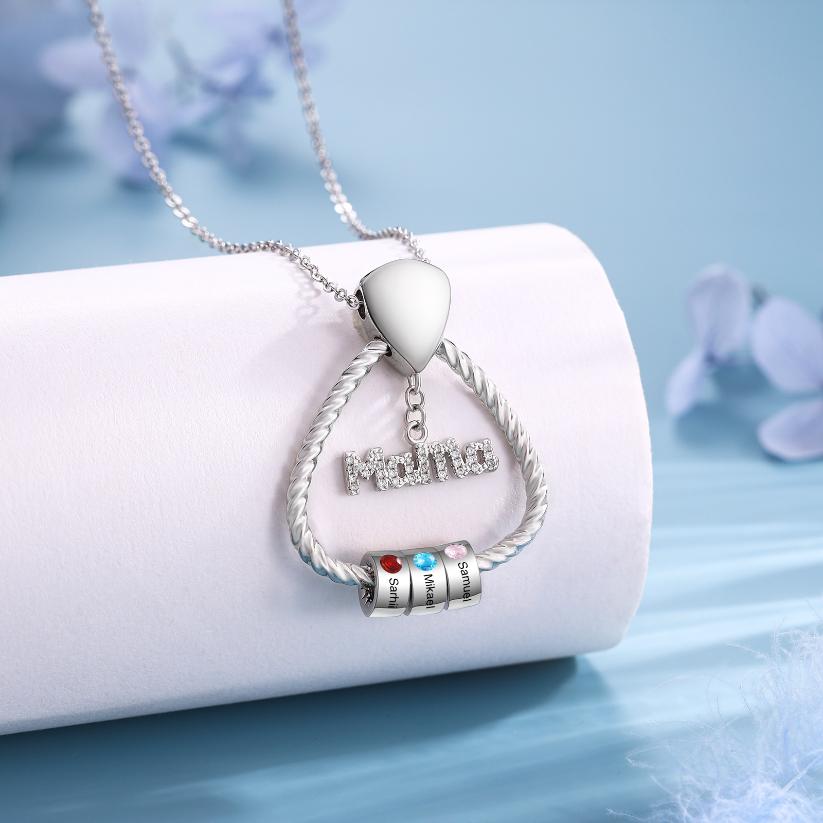 Personalisierte 3 Namen & 3 Geburtssteinen Halskette & Weihnachts-Geschenkkarte & Geschenkbox Geschenkkarte Set für Mama Mutter