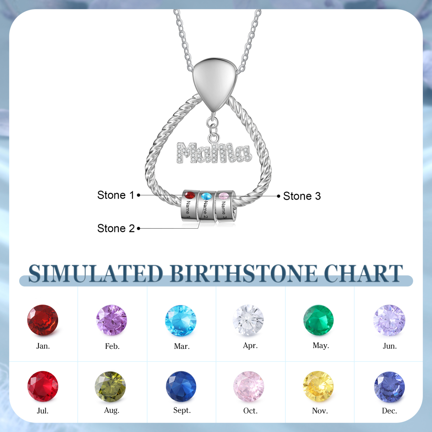 Personalisierte 3 Namen & 3 Geburtssteinen Halskette & Weihnachts-Geschenkkarte & Geschenkbox Geschenkkarte Set für Mama Mutter