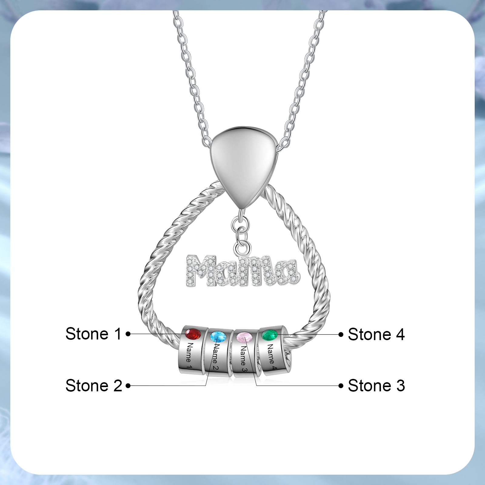 Personalisierte 4 Namen & 4 Geburtssteinen Halskette & Weihnachts-Geschenkkarte & Geschenkbox Geschenkkarte Set für Mama Mutter
