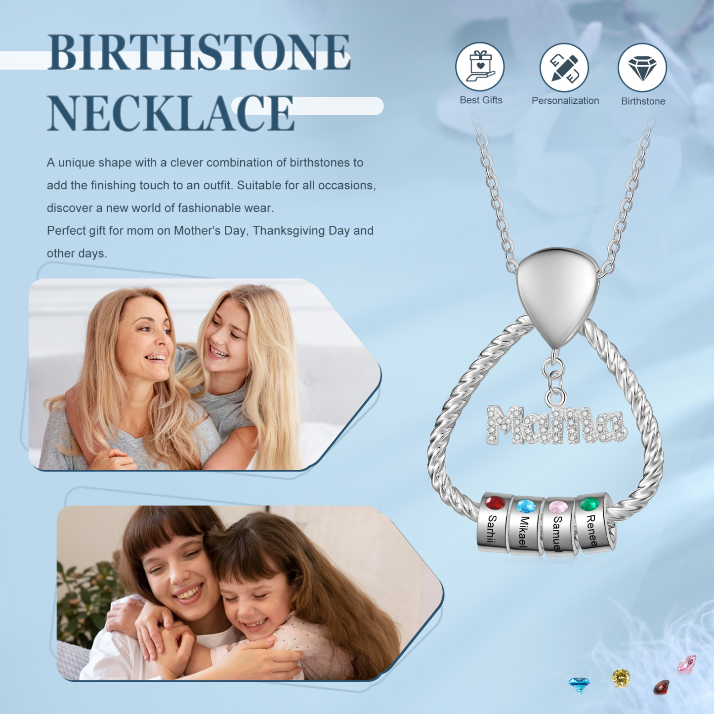 Personalisierte 4 Namen & 4 Geburtssteinen Halskette & Weihnachts-Geschenkkarte & Geschenkbox Geschenkkarte Set für Mama Mutter