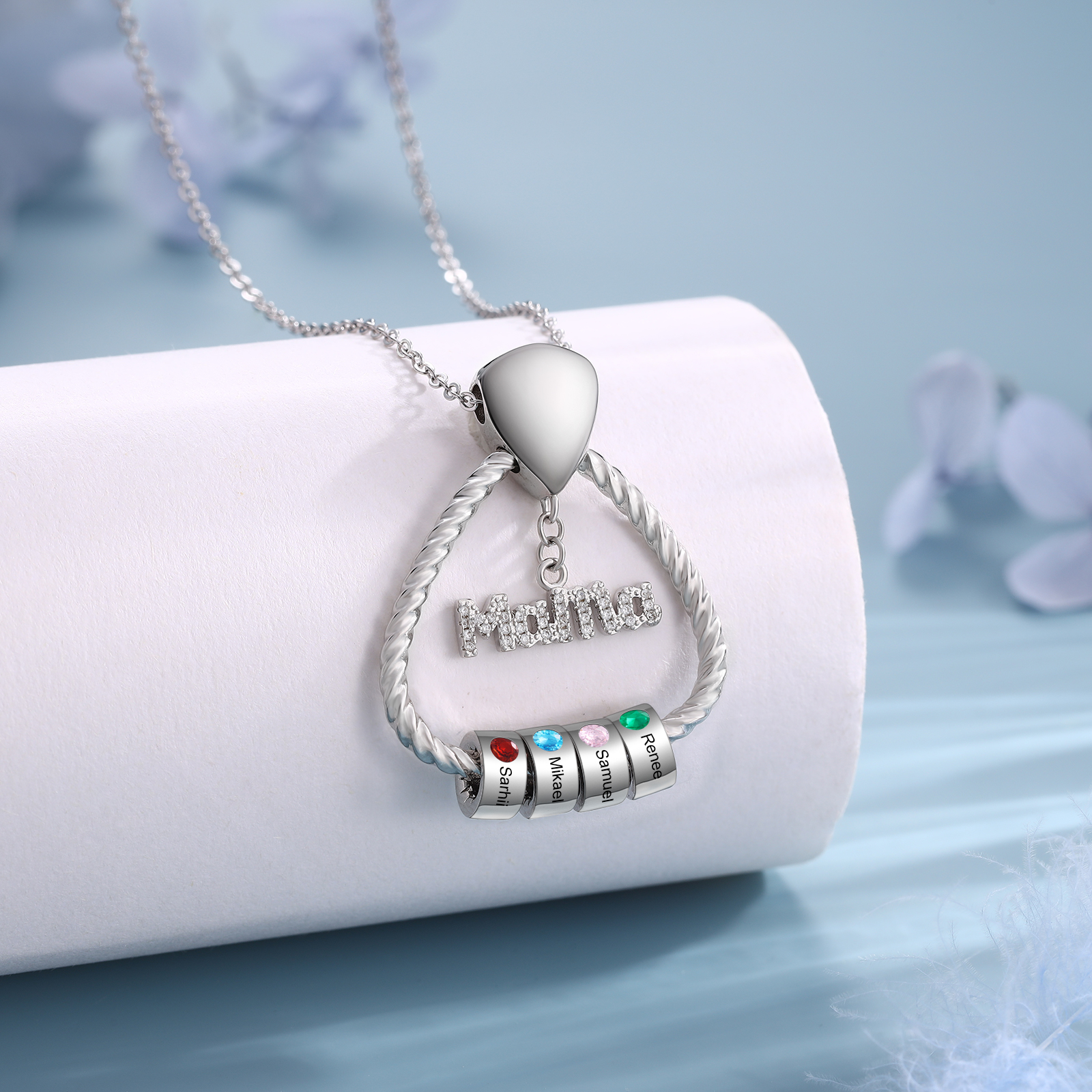 Personalisierte 4 Namen & 4 Geburtssteinen Halskette & Weihnachts-Geschenkkarte & Geschenkbox Geschenkkarte Set für Mama Mutter