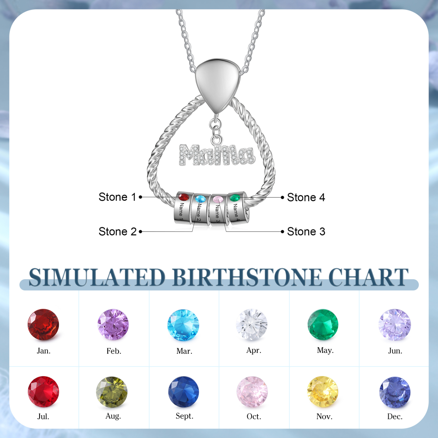 Personalisierte 4 Namen & 4 Geburtssteinen Halskette & Weihnachts-Geschenkkarte & Geschenkbox Geschenkkarte Set für Mama Mutter