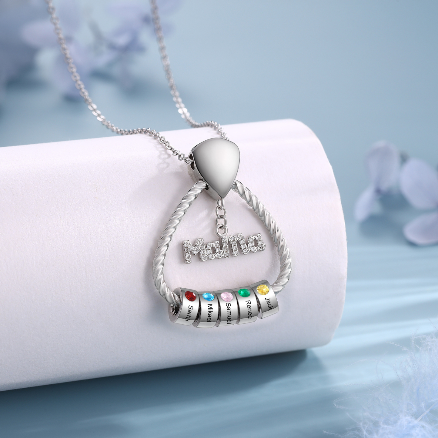 Personalisierte 5 Namen & 5 Geburtssteinen Halskette & Weihnachts-Geschenkkarte & Geschenkbox Geschenkkarte Set für Mama Mutter