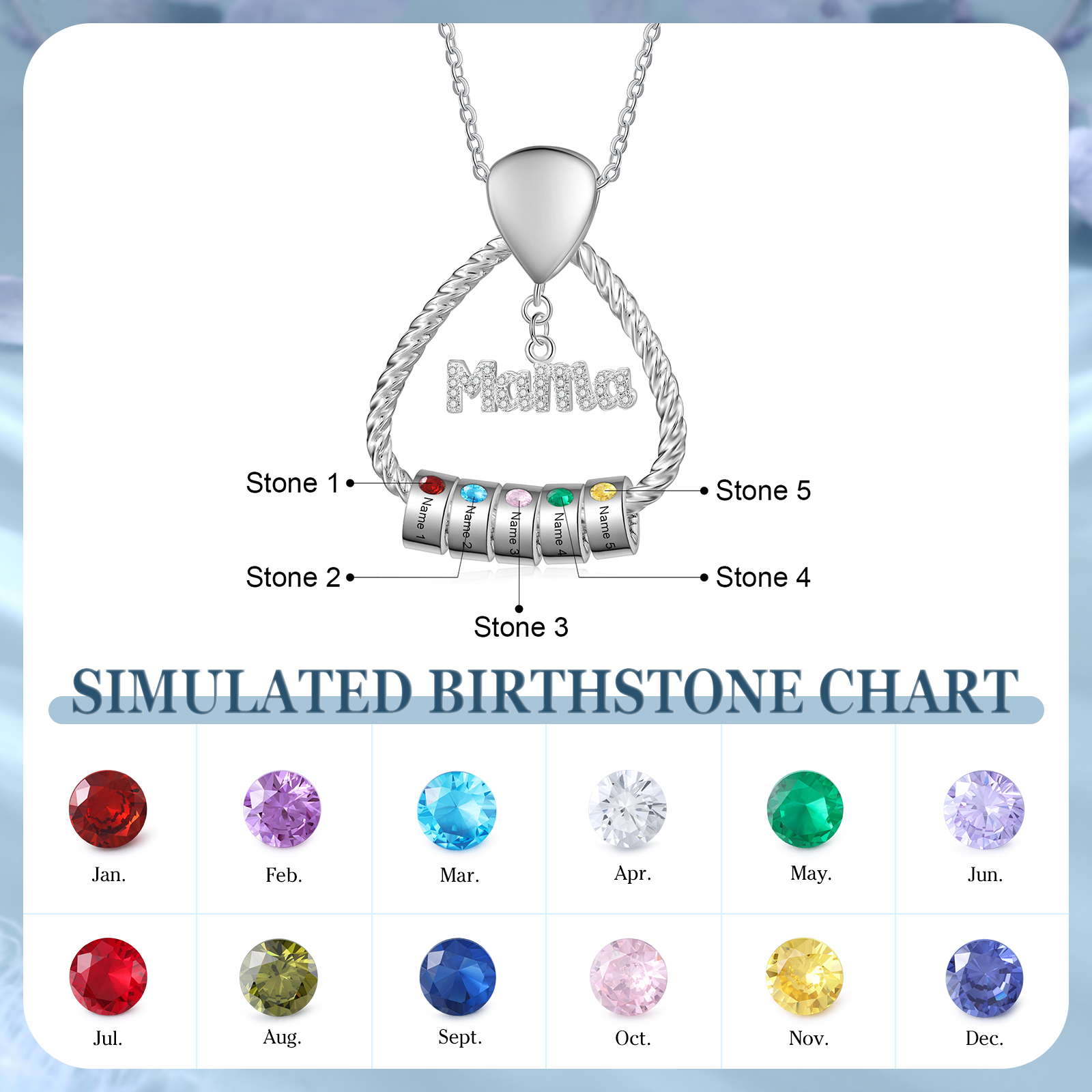 Personalisierte 5 Namen & 5 Geburtssteinen Halskette & Weihnachts-Geschenkkarte & Geschenkbox Geschenkkarte Set für Mama Mutter