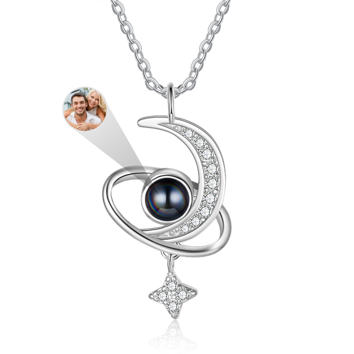 Personalisiertes Foto Mond Stern Projektion Halskette mit Zirkonia