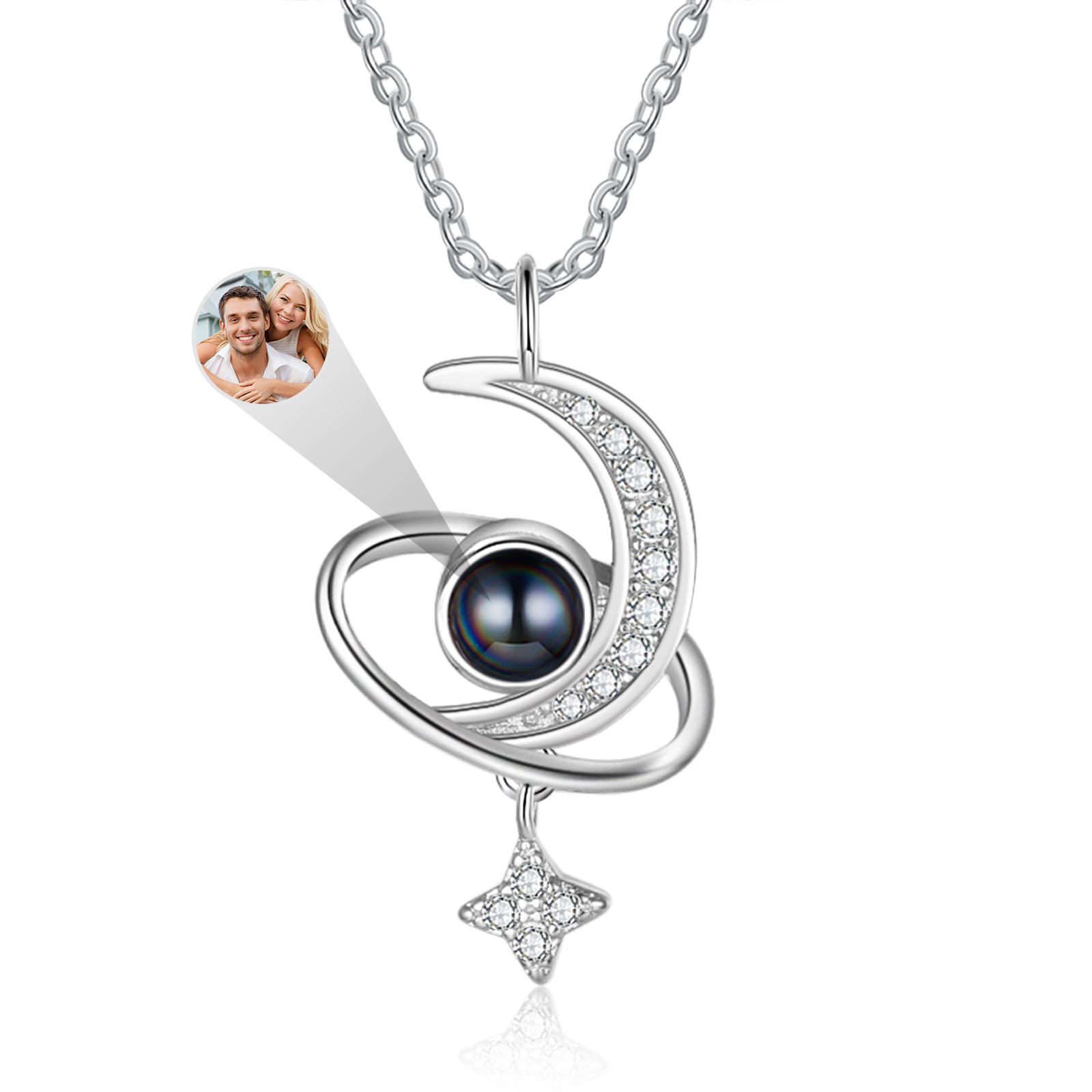 Personalisiertes Foto Mond Stern Projektion Halskette mit Zirkonia