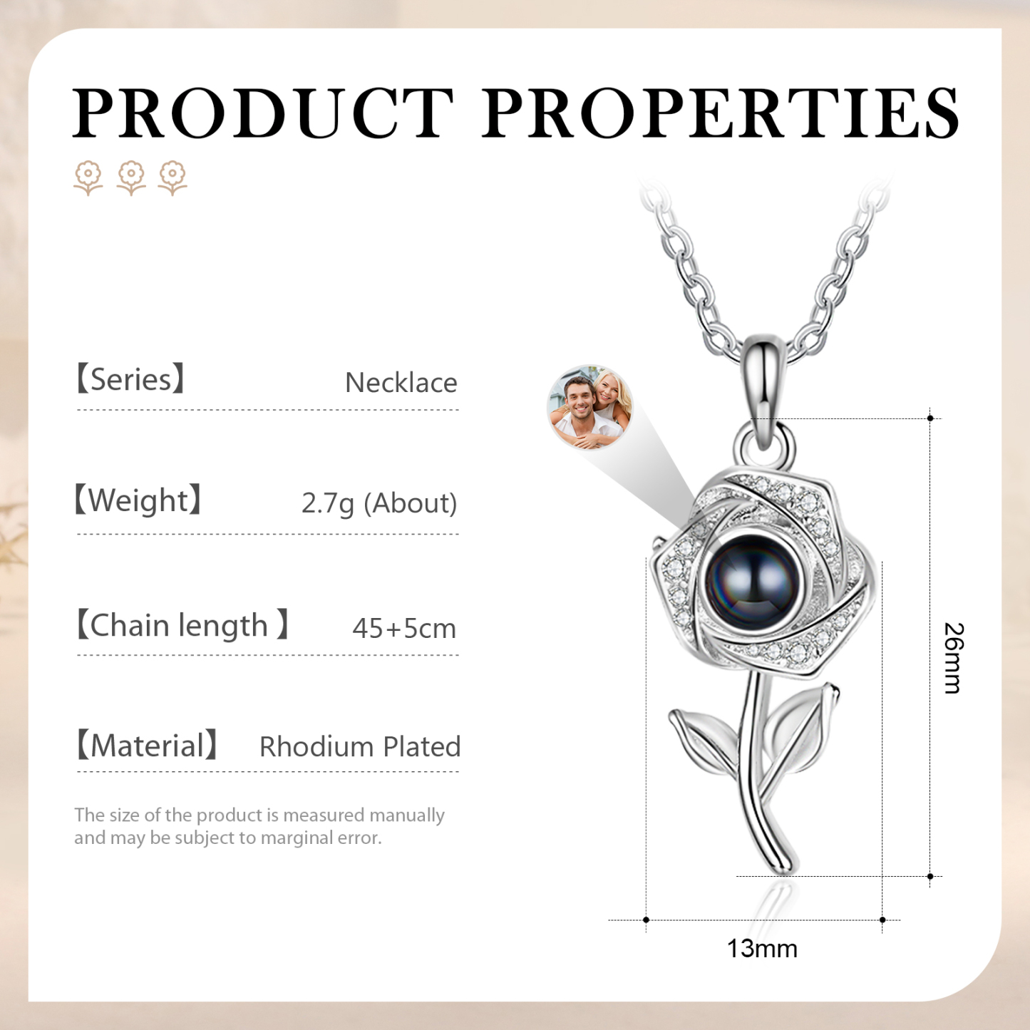 Personalisiertes Foto Rose Projektion Halskette mit Zirkonia