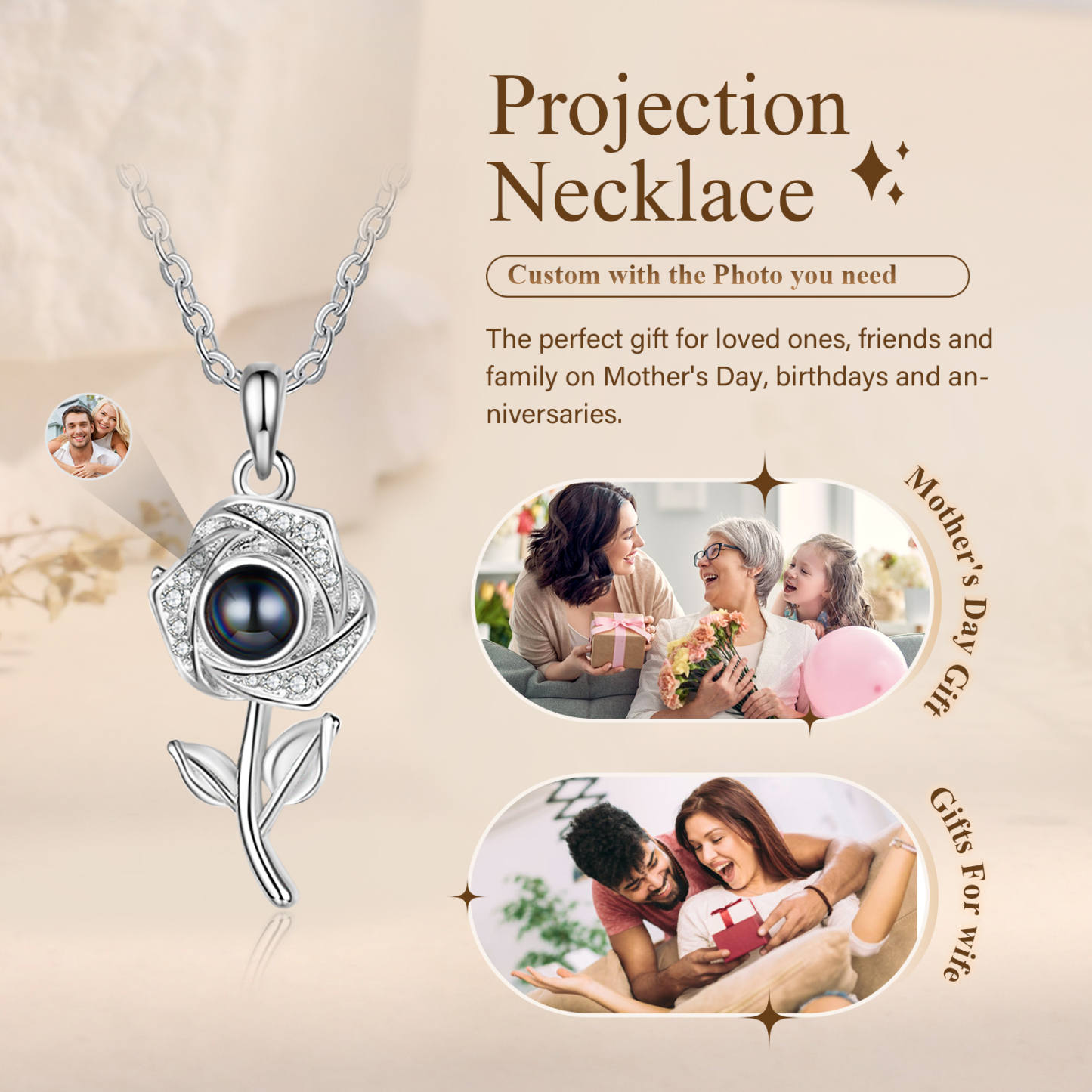 Personalisiertes Foto Rose Projektion Halskette mit Zirkonia