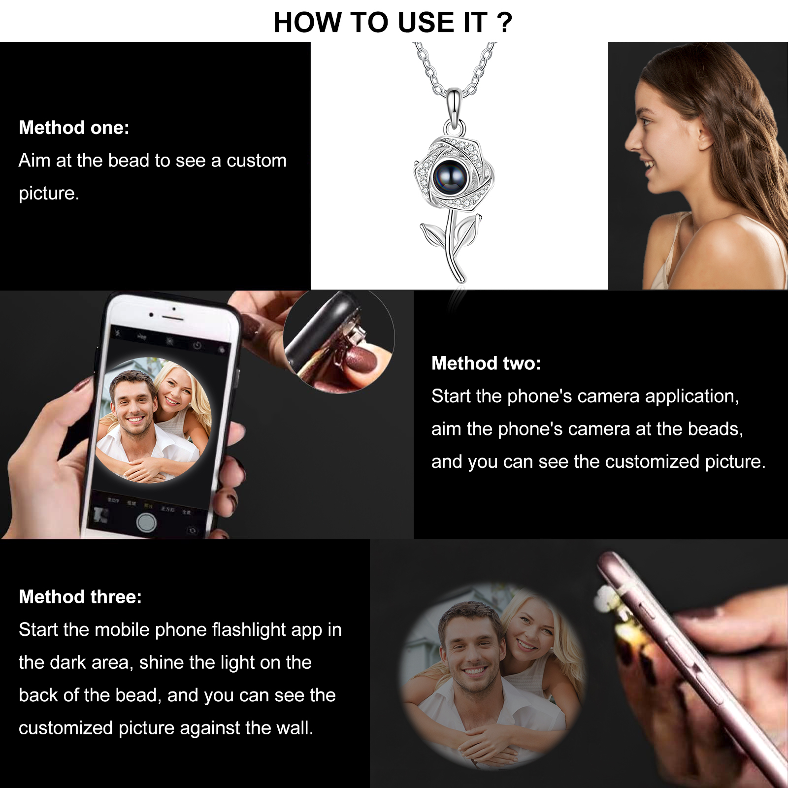 Personalisiertes Foto Rose Projektion Halskette mit Zirkonia