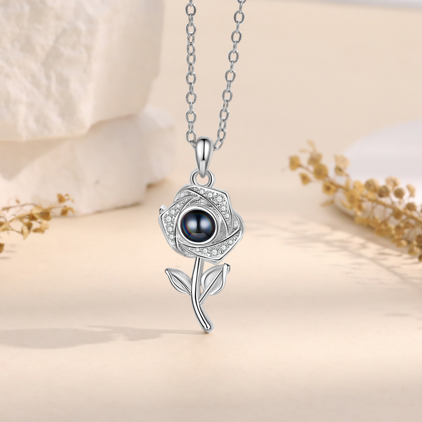 Personalisiertes Foto Rose Projektion Halskette mit Zirkonia