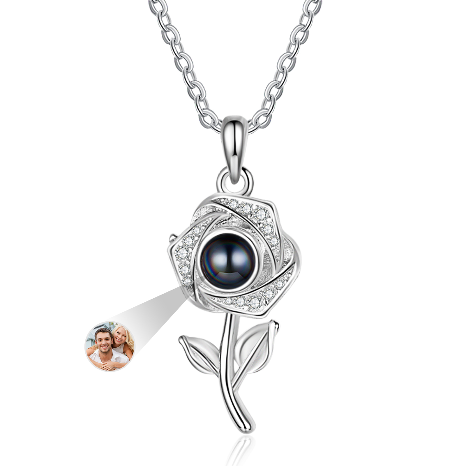 Personalisiertes Foto Rose Projektion Halskette mit Zirkonia