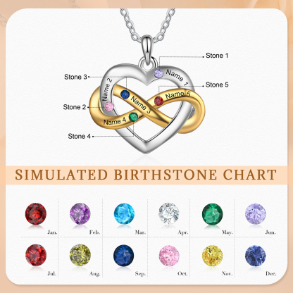 Unendlichkeitsherz-Halskette mit 2–6 Namen und Geburtssteinen