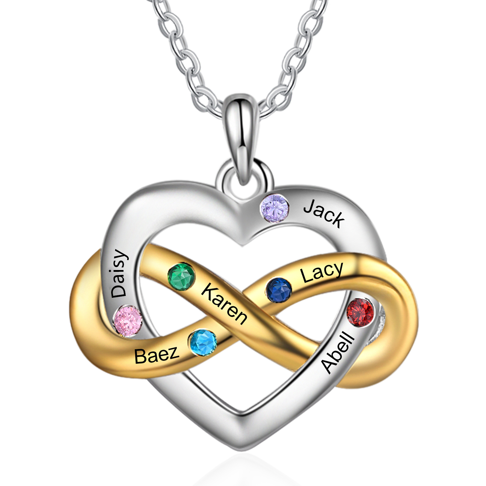 Unendlichkeitsherz-Halskette mit 2–6 Namen und Geburtssteinen