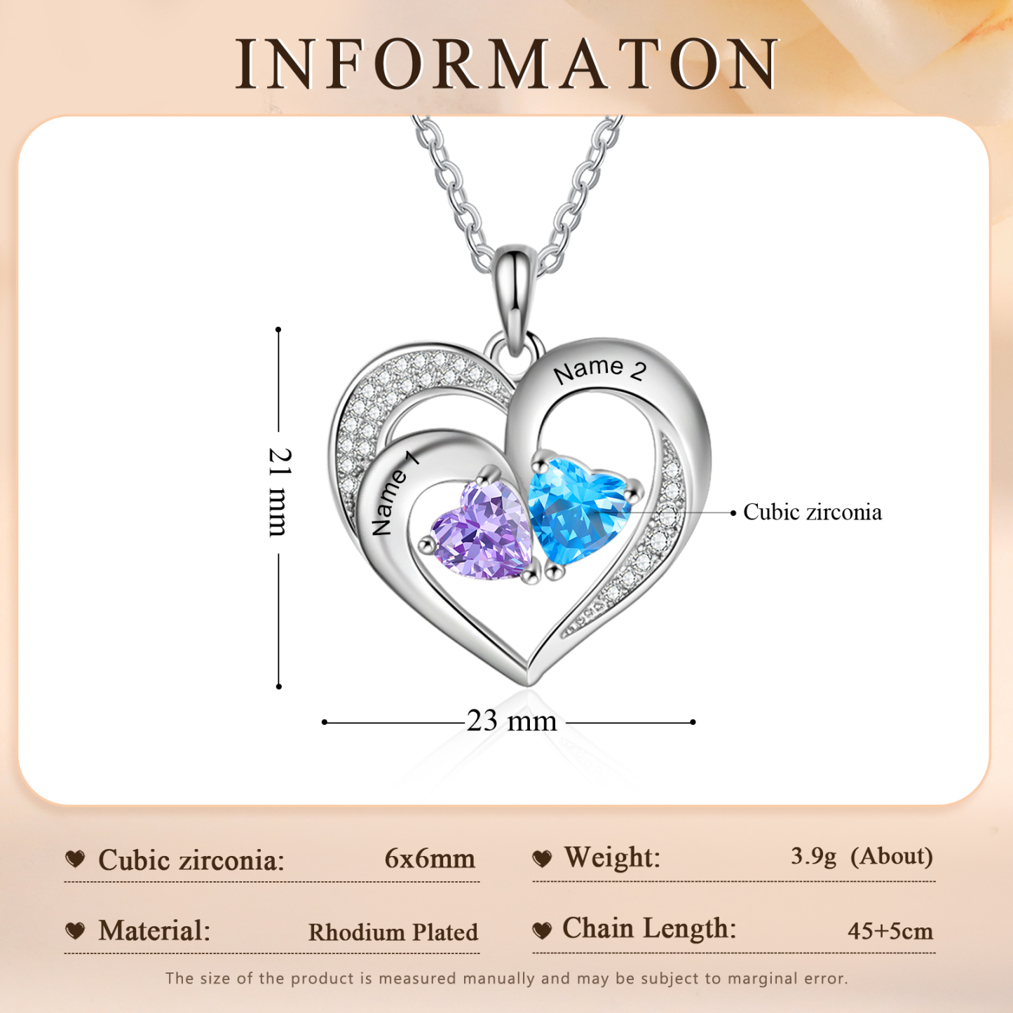 Personalisierte 2 Namen & 2 Herz Geburtssteine Herz Elegant Halskette mit Zirkonia