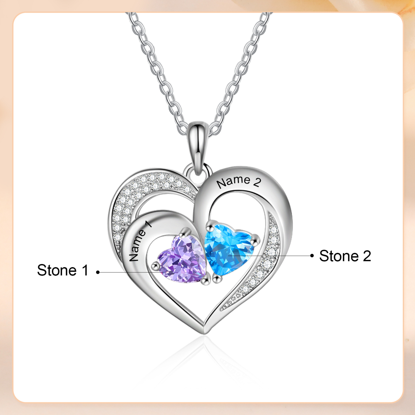 Personalisierte 2 Namen & 2 Herz Geburtssteine Herz Elegant Halskette mit Zirkonia