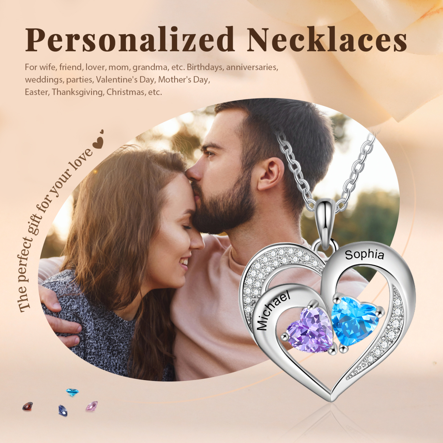 Personalisierte 2 Namen & 2 Herz Geburtssteine Herz Elegant Halskette mit Zirkonia