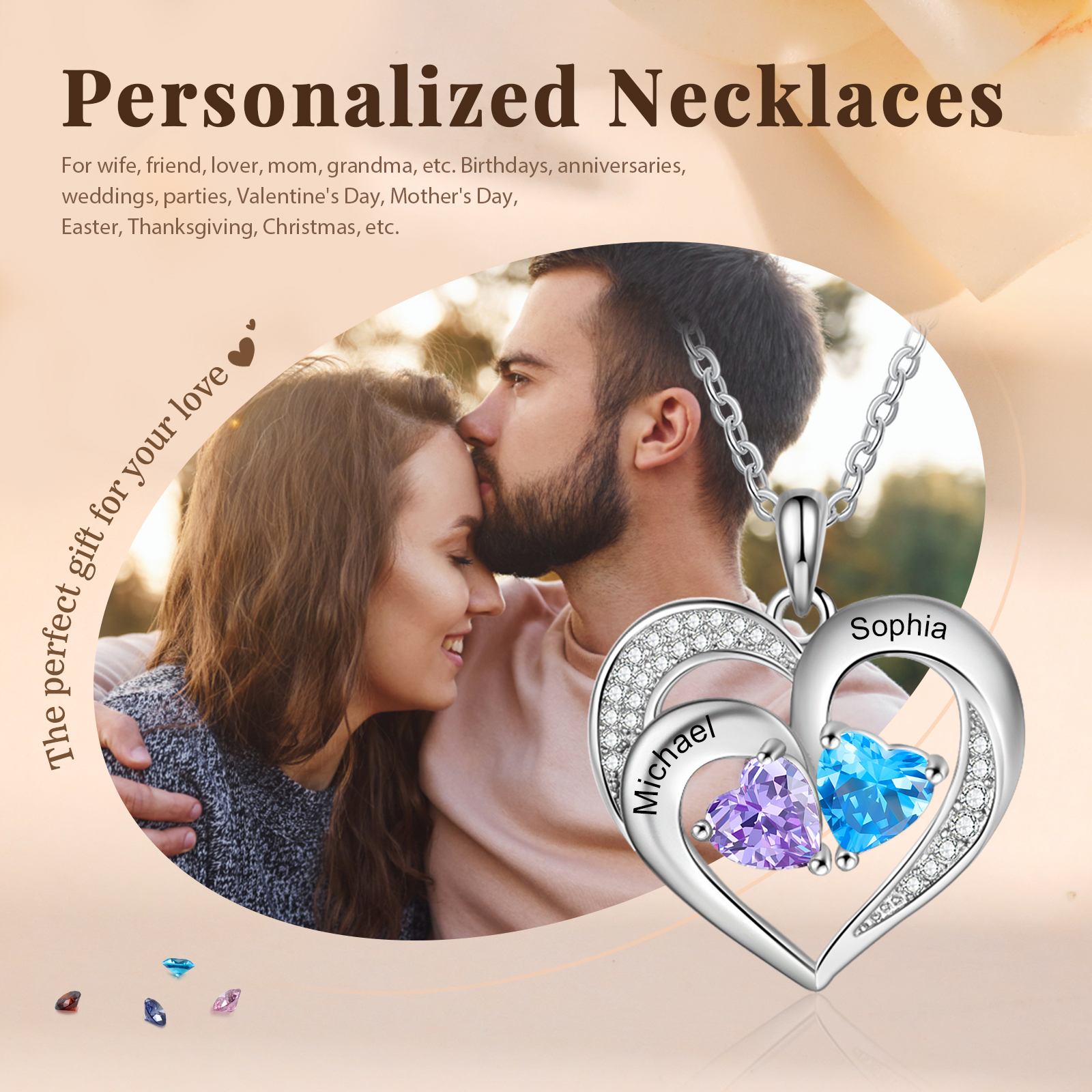 Personalisierte 2 Namen & 2 Herz Geburtssteine Herz Elegant Halskette mit Zirkonia