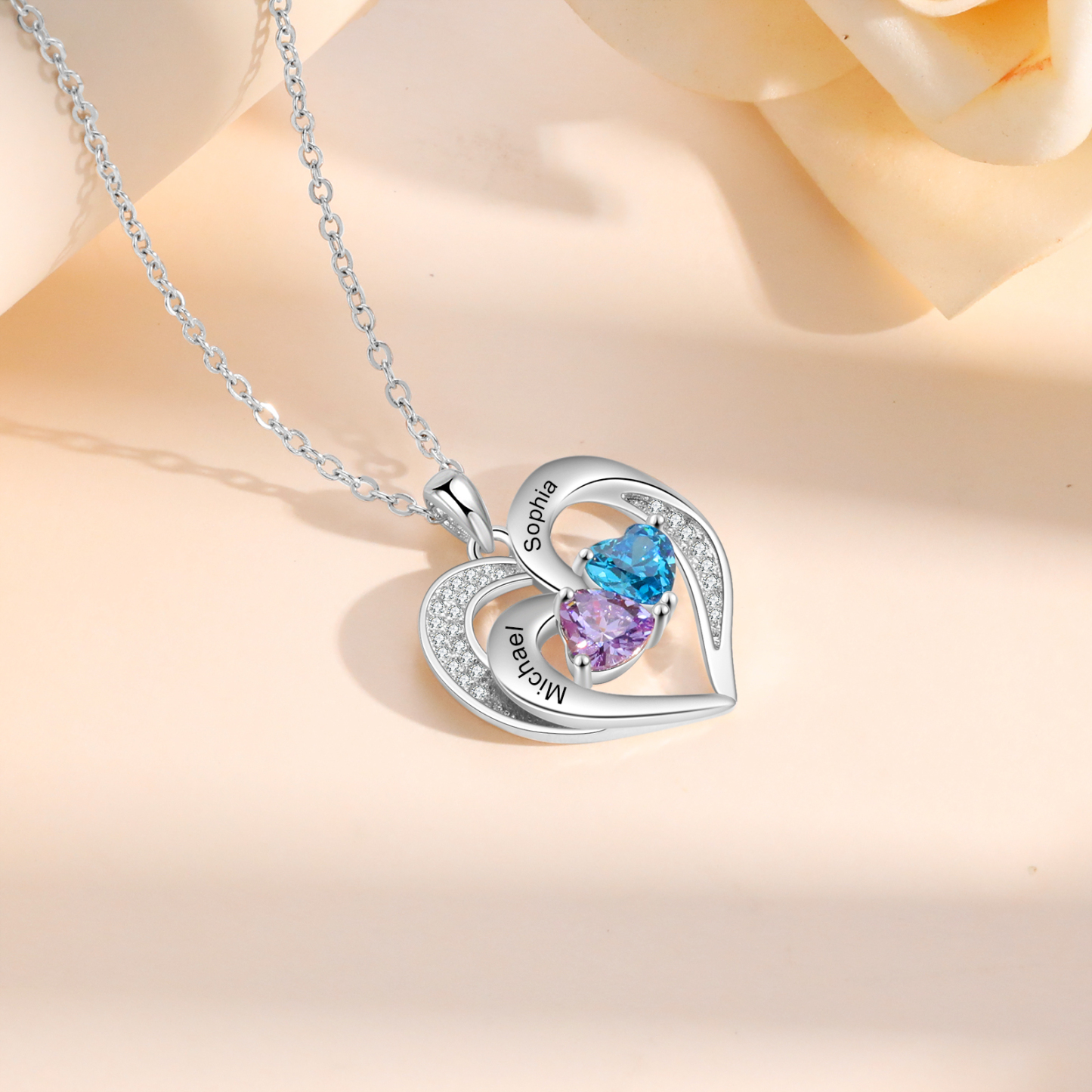 Personalisierte 2 Namen & 2 Herz Geburtssteine Herz Elegant Halskette mit Zirkonia