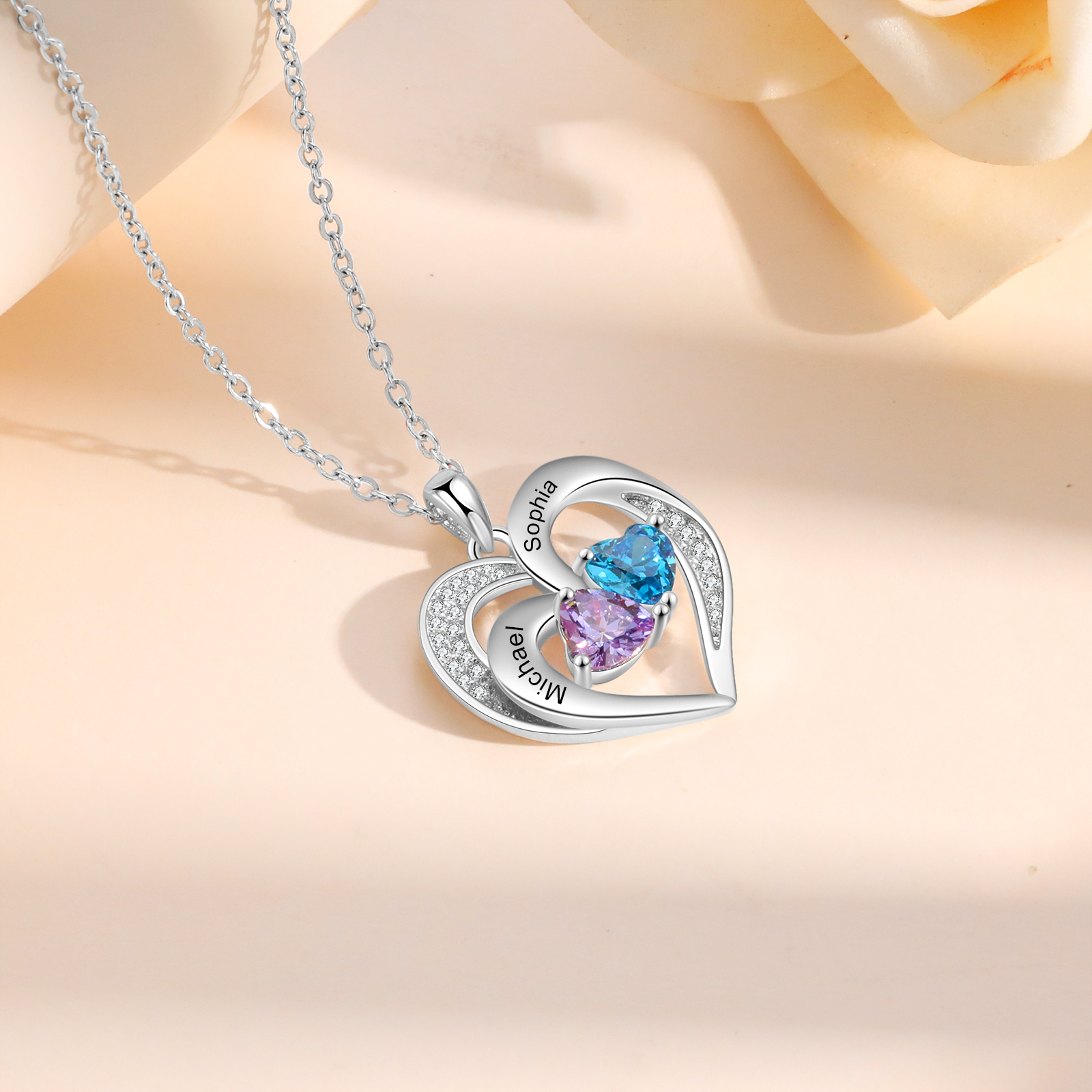 Personalisierte 2 Namen & 2 Herz Geburtssteine Herz Elegant Halskette mit Zirkonia