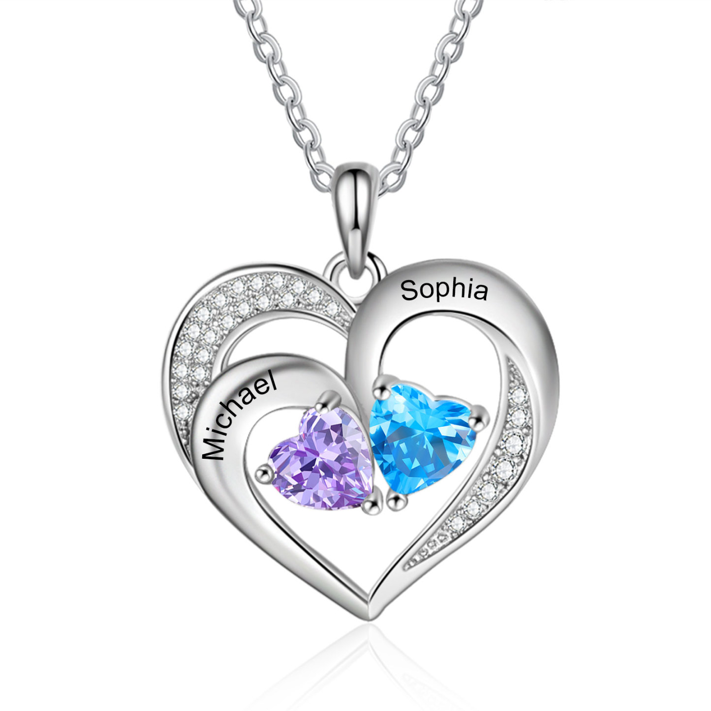 Personalisierte 2 Namen & 2 Herz Geburtssteine Herz Elegant Halskette mit Zirkonia