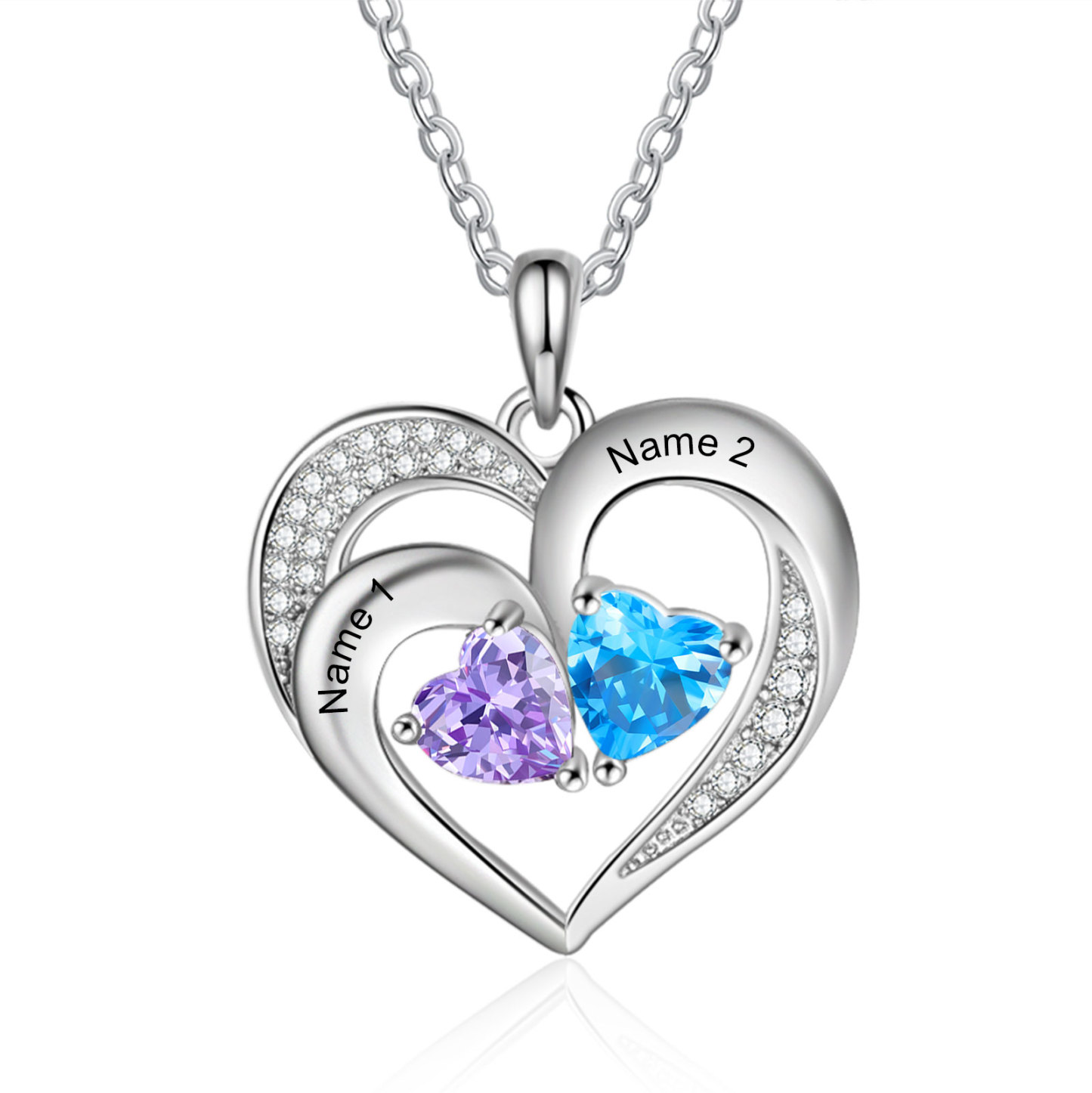 925 Sterling Silber Personalisierte 2 Namen & Geburtssteine Herz elegante Damen Halskette mit Zirkonia 