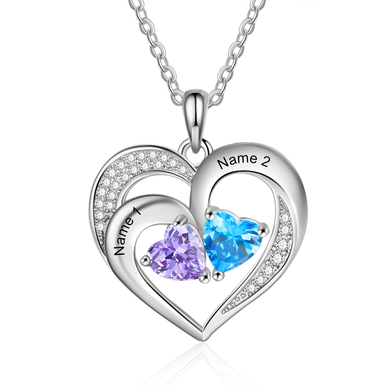 Personalisierte 2 Namen & 2 Herz Geburtssteine Herz Elegant Halskette mit Zirkonia