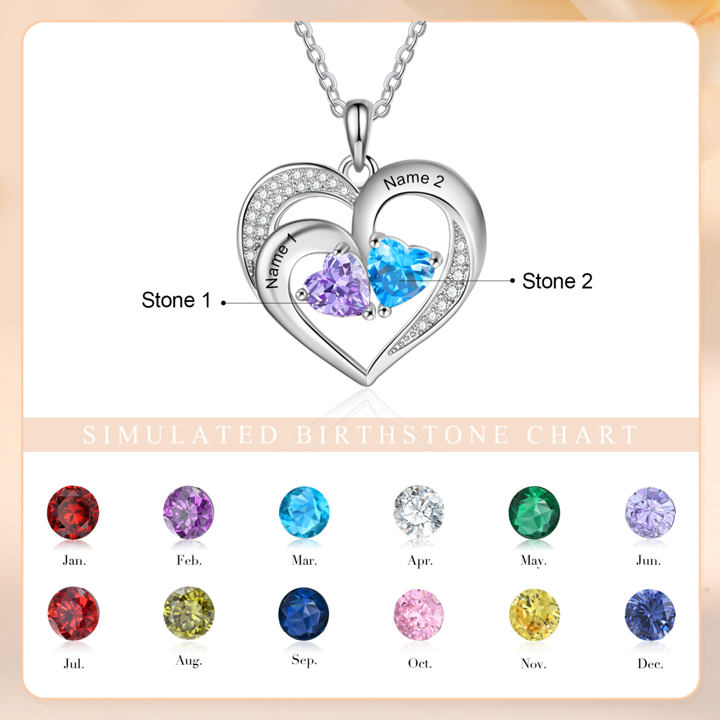 Personalisierte 2 Namen & 2 Herz Geburtssteine Herz Elegant Halskette mit Zirkonia