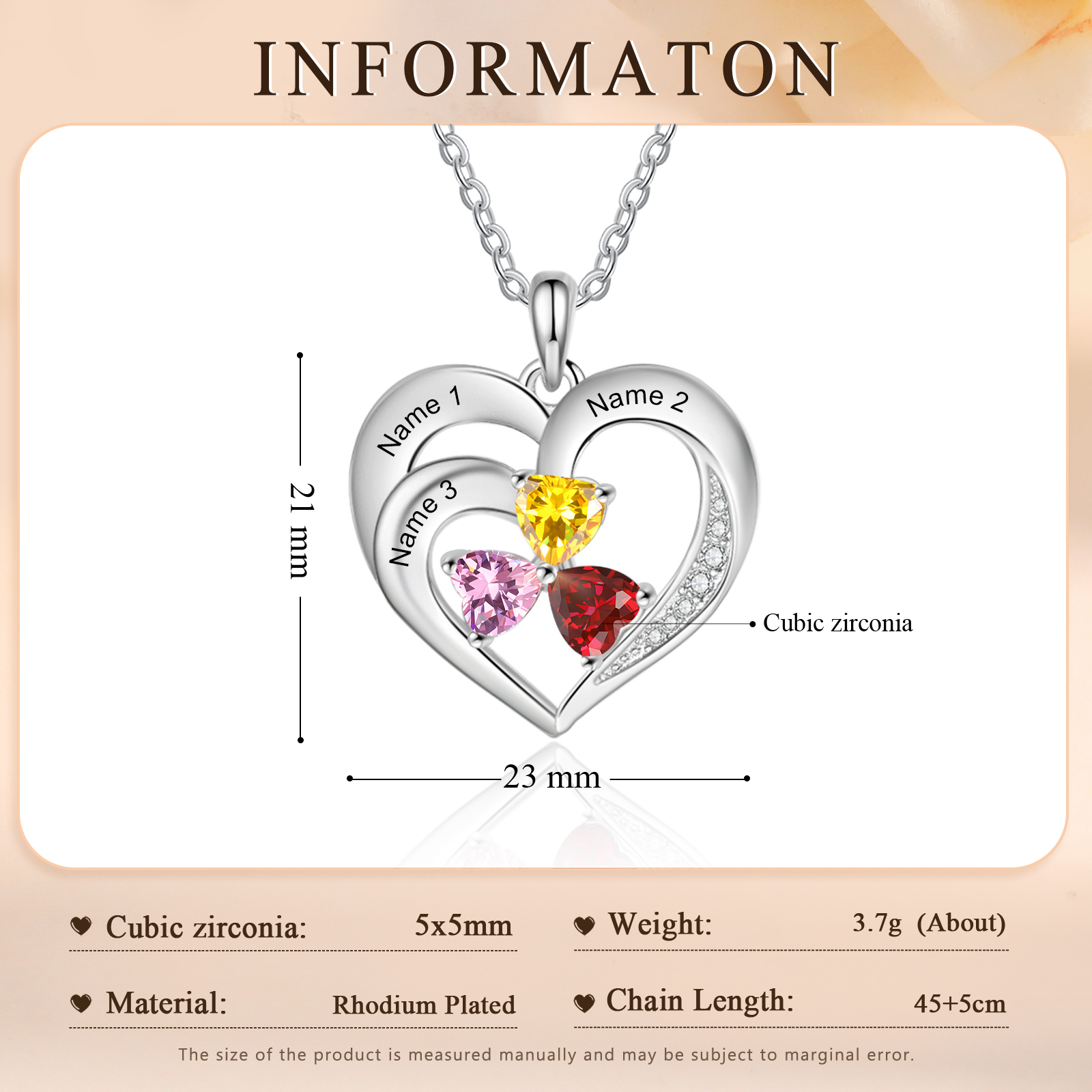 Personalisierte 3 Namen & 3 Herz Geburtssteine Herz Elegant Halskette mit Zirkonia