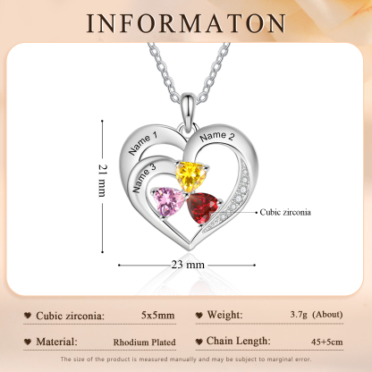 Personalisierte 3 Namen & 3 Herz Geburtssteine Herz Elegant Halskette mit Zirkonia