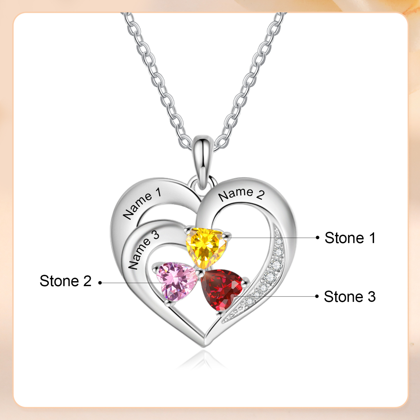 Personalisierte 3 Namen & 3 Herz Geburtssteine Herz Elegant Halskette mit Zirkonia
