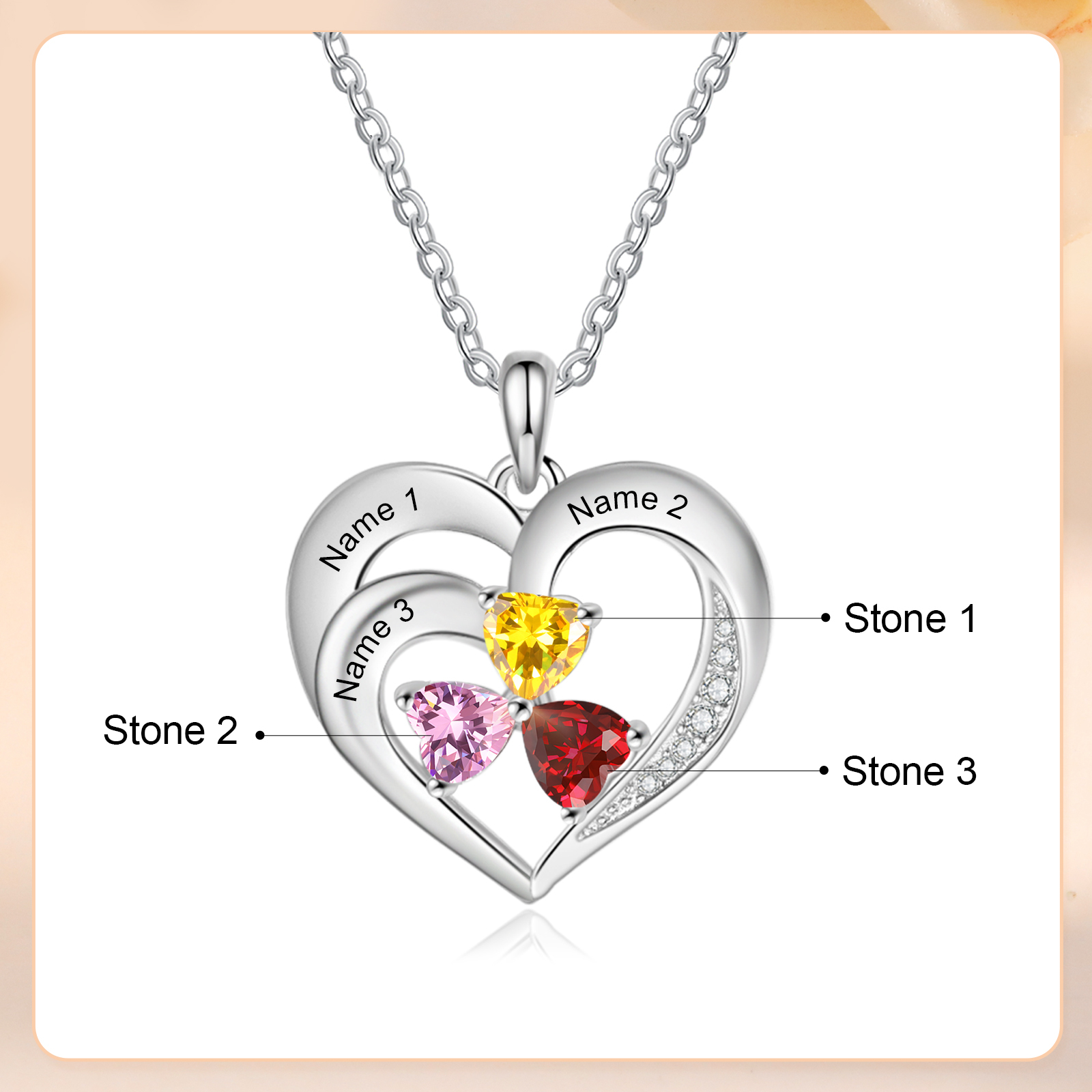 Personalisierte 3 Namen & 3 Herz Geburtssteine Herz Elegant Halskette mit Zirkonia