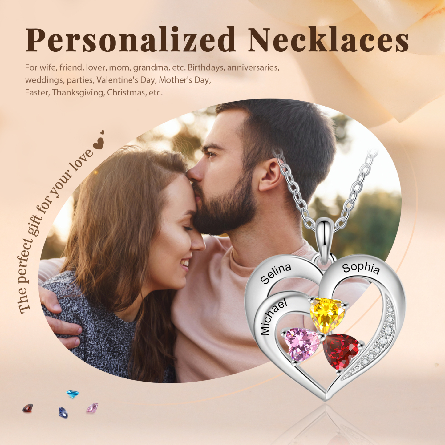 Personalisierte 3 Namen & 3 Herz Geburtssteine Herz Elegant Halskette mit Zirkonia