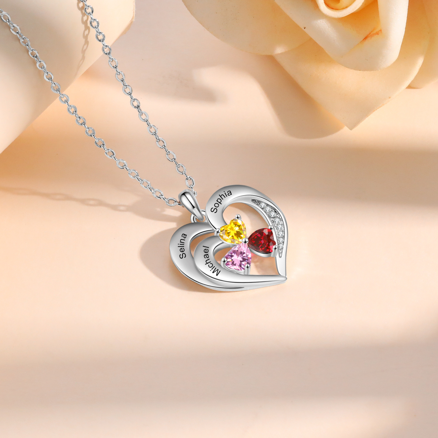 Personalisierte 3 Namen & 3 Herz Geburtssteine Herz Elegant Halskette mit Zirkonia