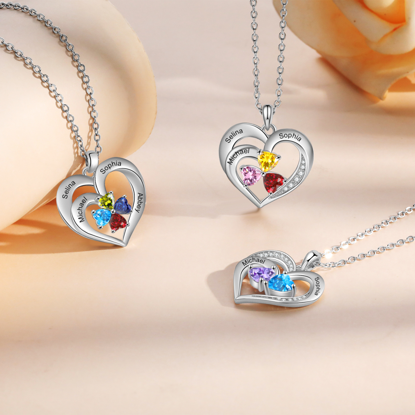 Personalisierte 4 Namen & 4 Herz Geburtssteine Herz Elegant Halskette mit Zirkonia