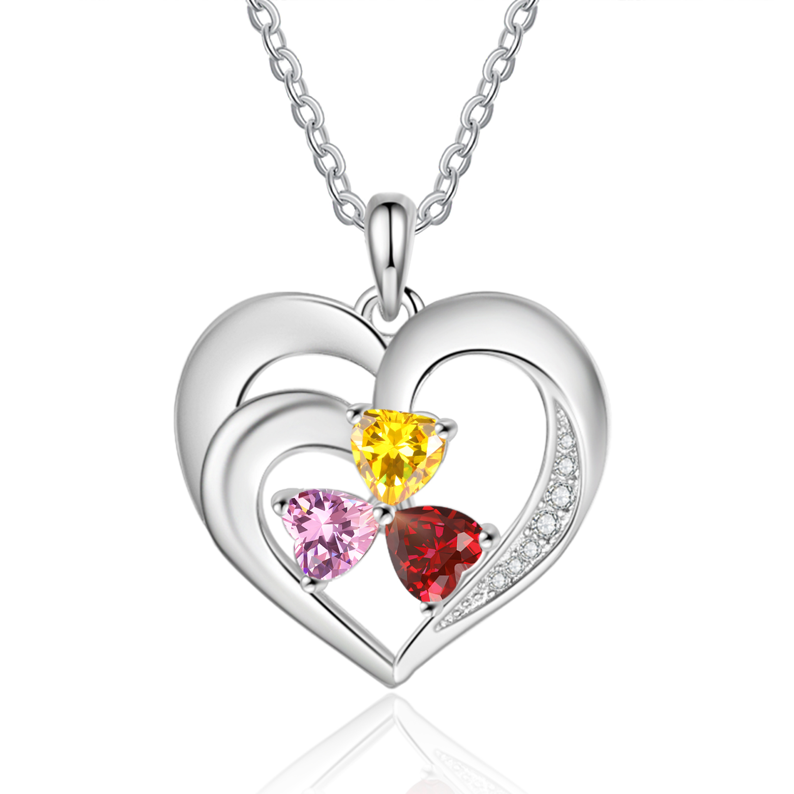 Personalisierte 3 Namen & 3 Herz Geburtssteine Herz Elegant Halskette mit Zirkonia