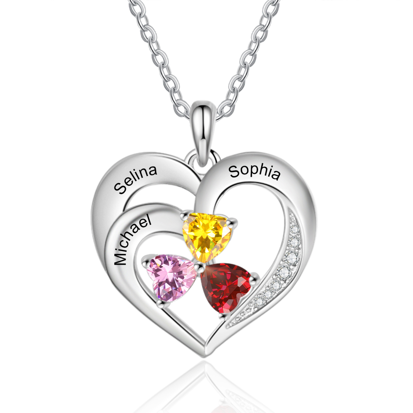 Personalisierte 3 Namen & 3 Herz Geburtssteine Herz Elegant Halskette mit Zirkonia