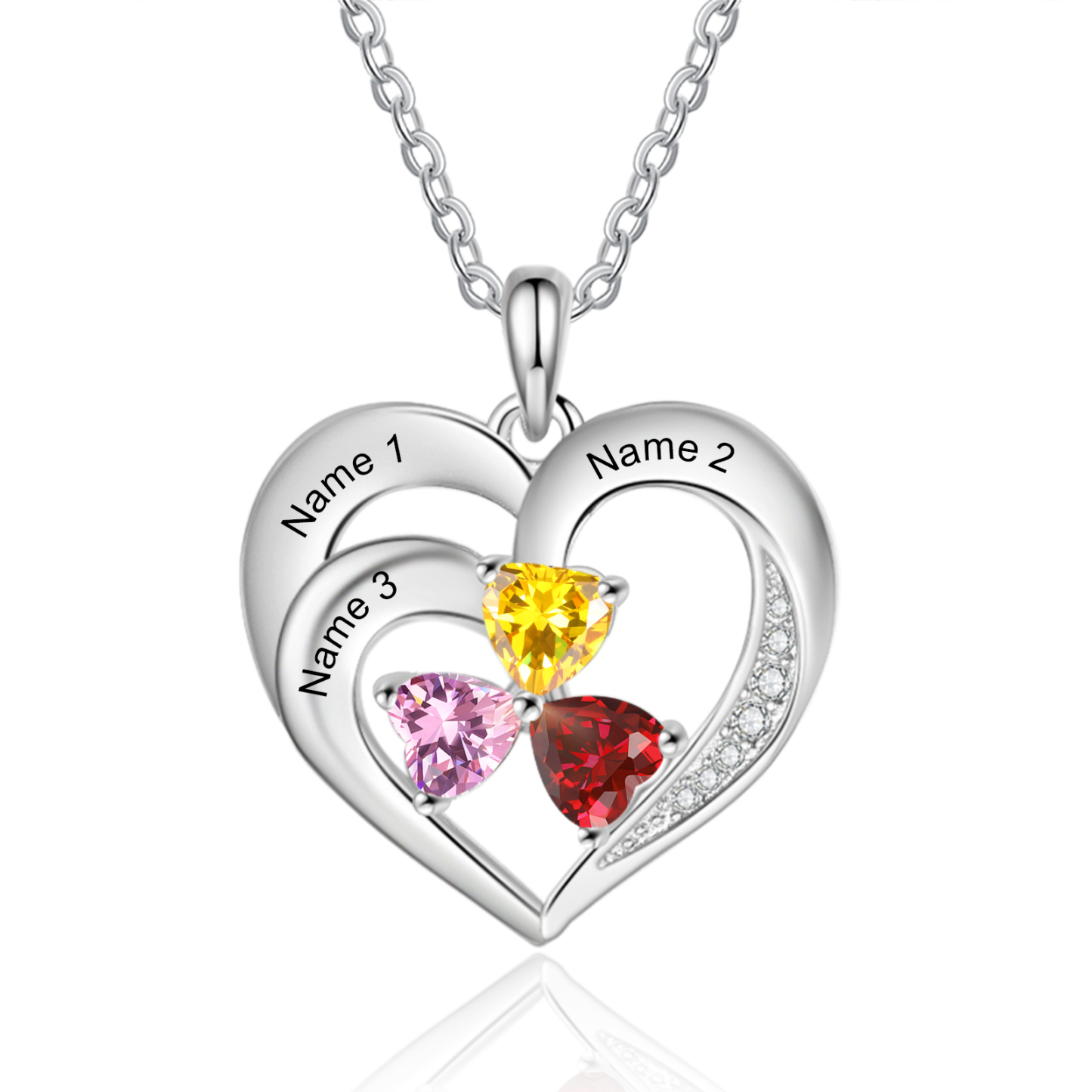 Personalisierte 3 Namen & 3 Herz Geburtssteine Herz Elegant Halskette mit Zirkonia