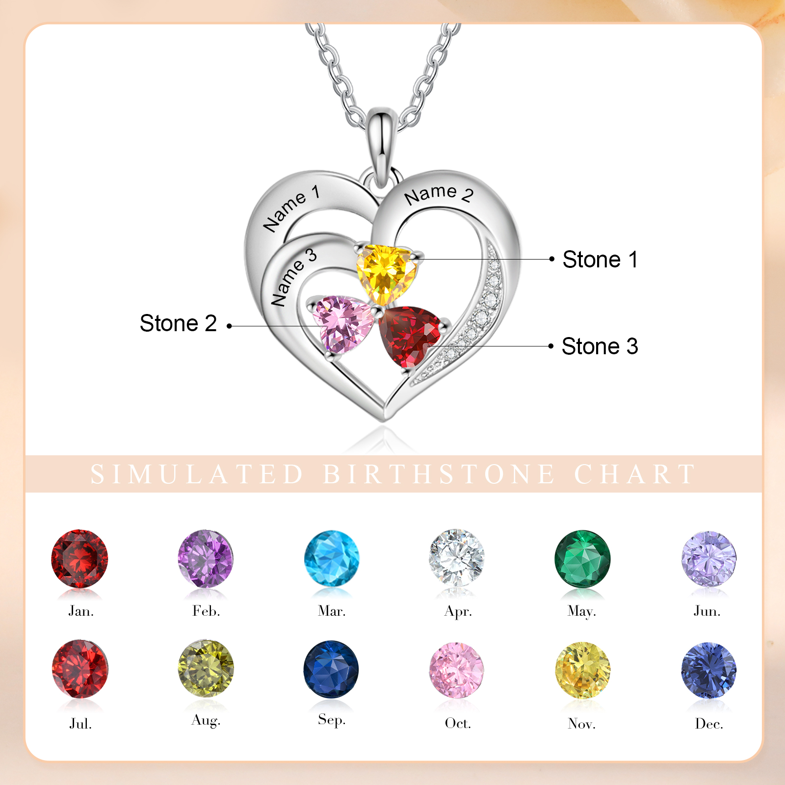 Personalisierte 3 Namen & 3 Herz Geburtssteine Herz Elegant Halskette mit Zirkonia