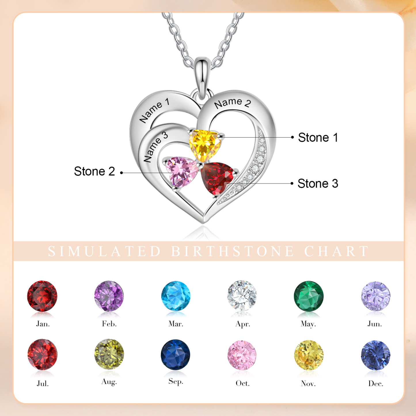 Personalisierte 3 Namen & 3 Herz Geburtssteine Herz Elegant Halskette mit Zirkonia